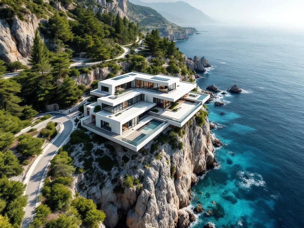 Aerial — Cliffside Modern Villa, Clear Day
