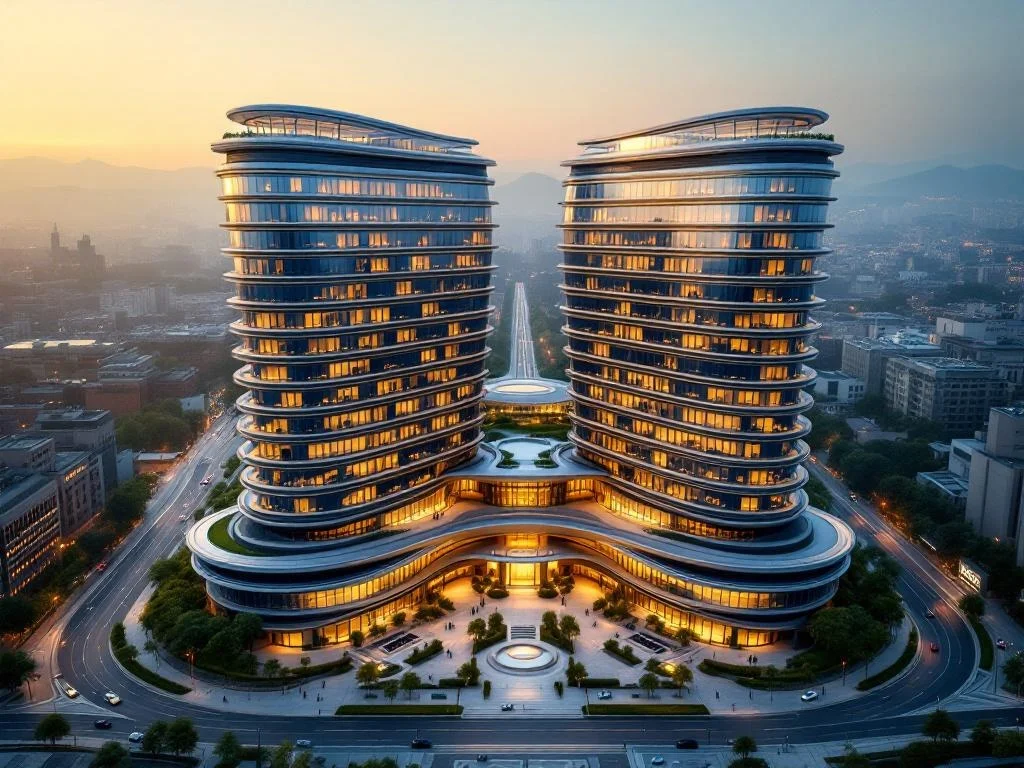 Aerial — Twin-Wing Corporate HQ, Dusk