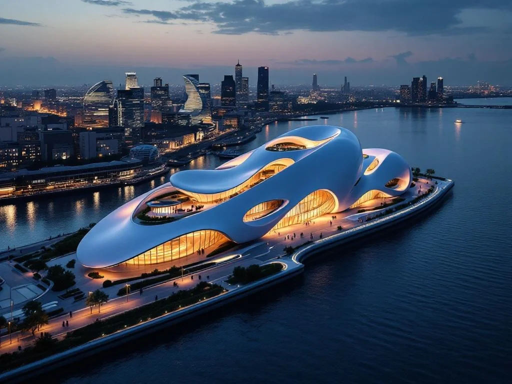 Aerial — Organic Waterfront Landmark, Cinematic Dusk