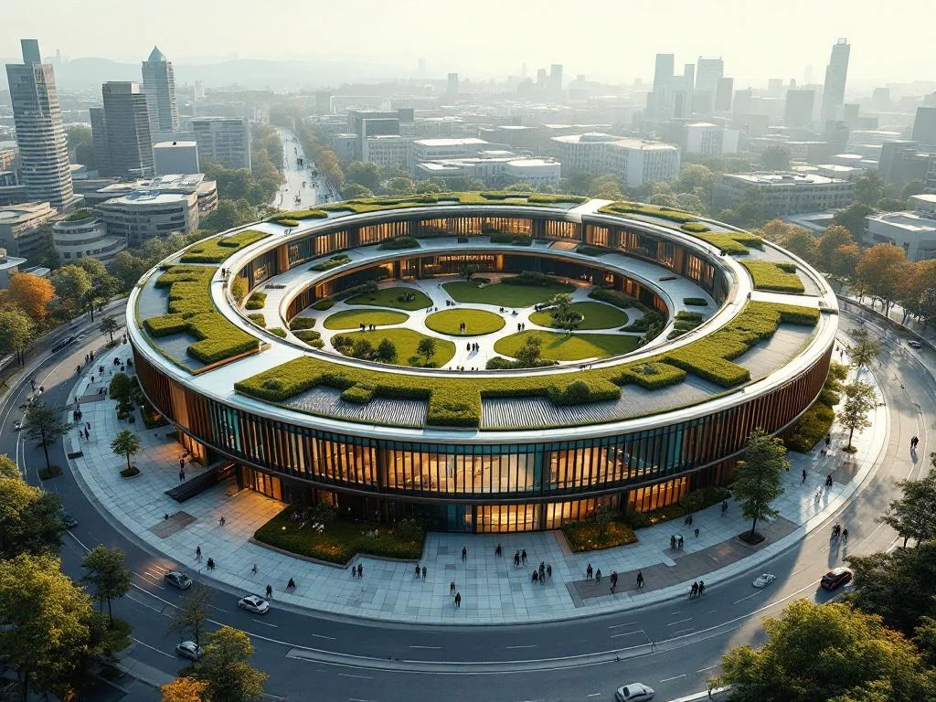 Aerial — Ring-Courtyard Education Complex, Morning