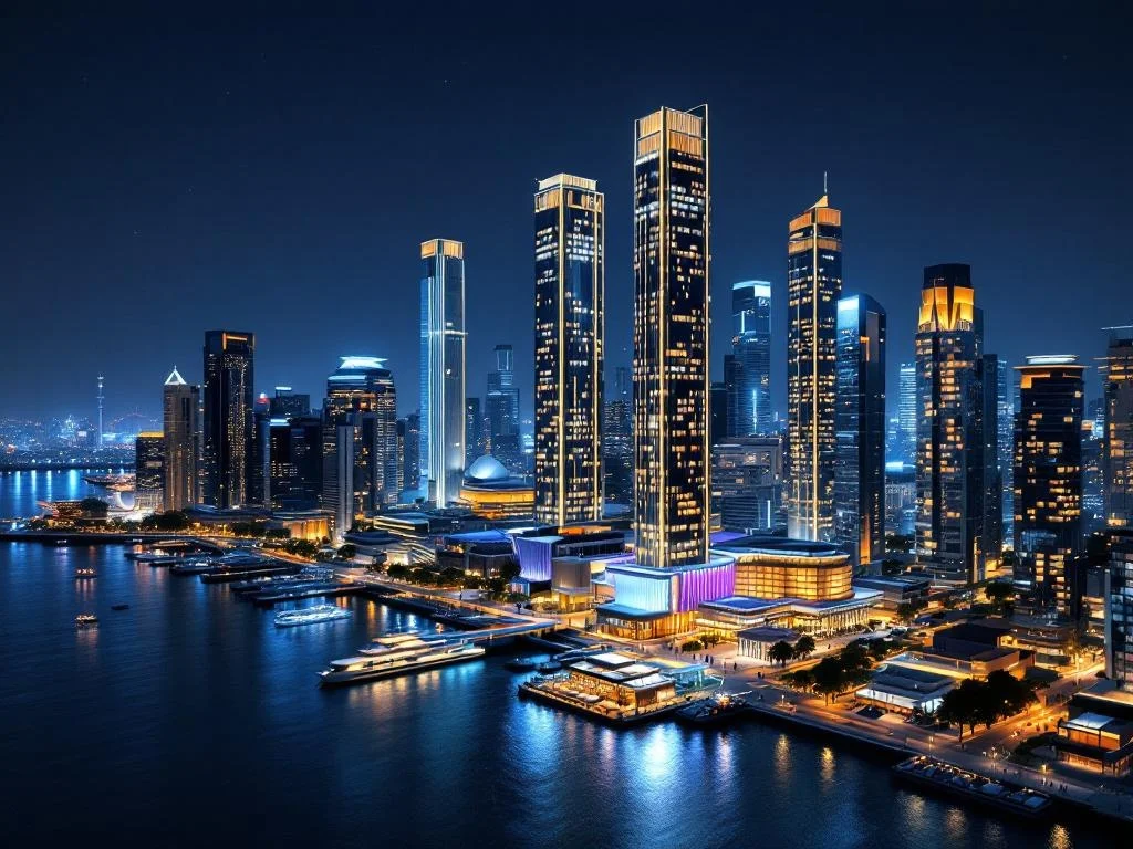 Aerial — Waterfront CBD Skyline, Night
