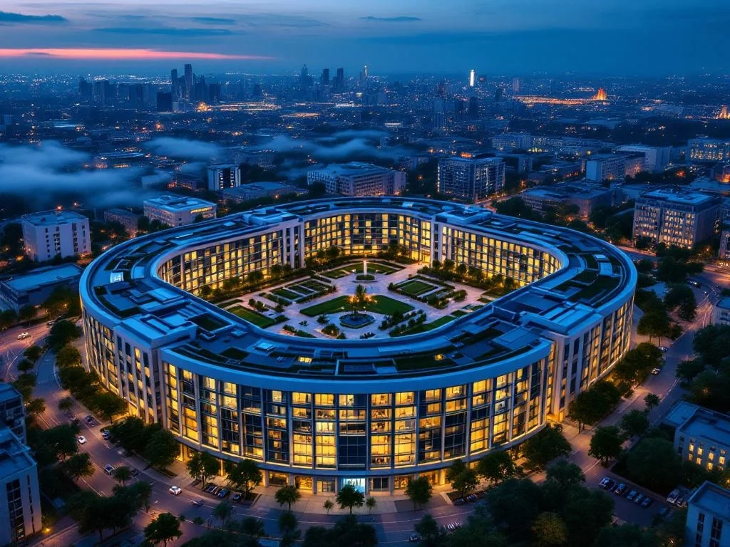 Aerial — Rounded-Rectangle Corporate Park, Blue Hour