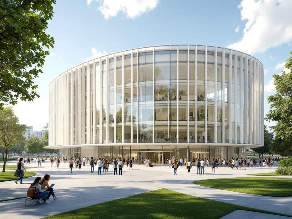 Eye-Level — Curved Campus Academic Building, Sunny