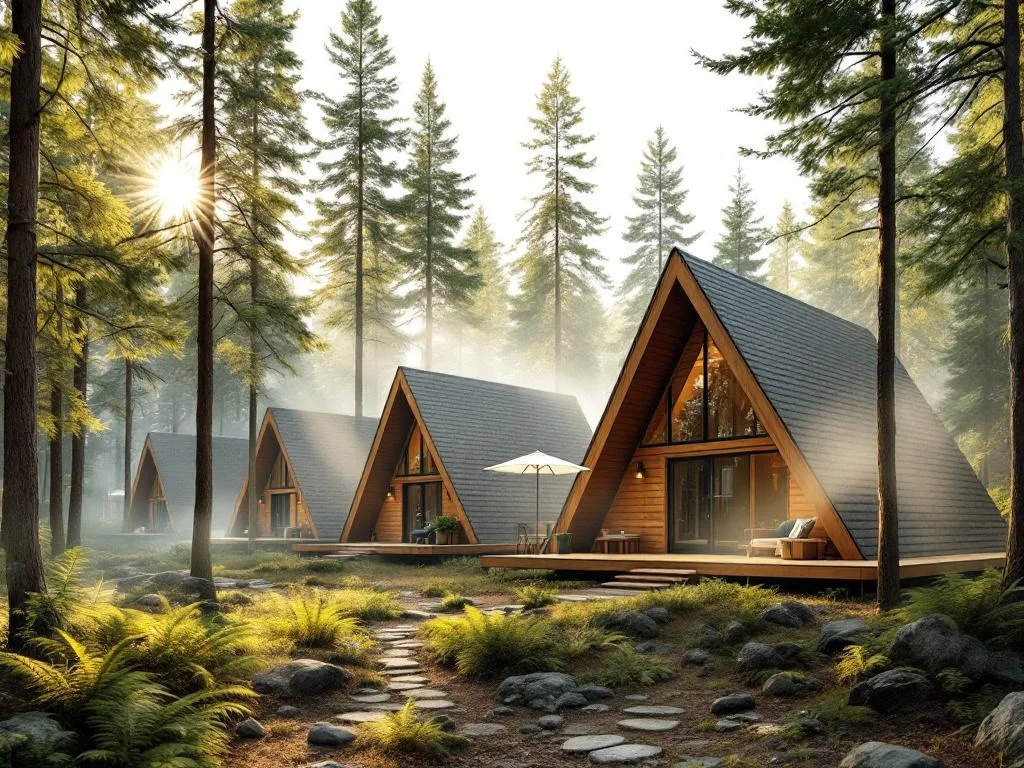 Eye-Level — Forest A-Frame Cabin Cluster, Morning