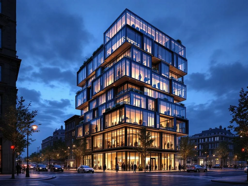 Eye-Level — Stacked-Box Corner Tower, Blue Hour Night