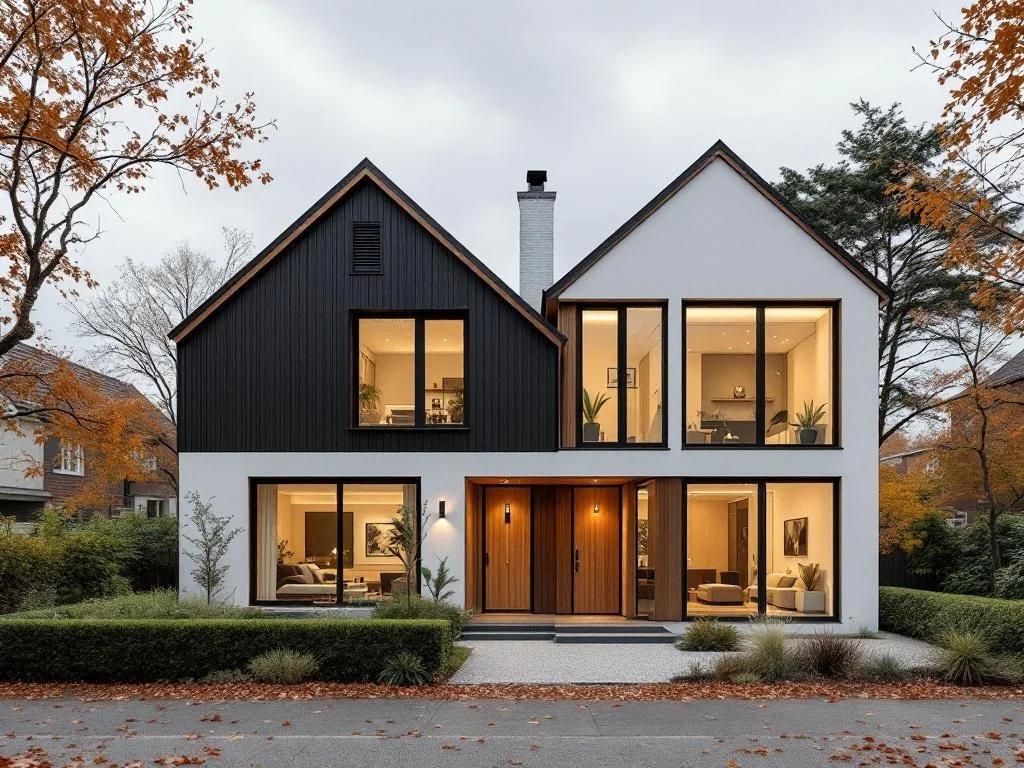 Eye-Level — Box + Gable House Pair, Autumn Overcast
