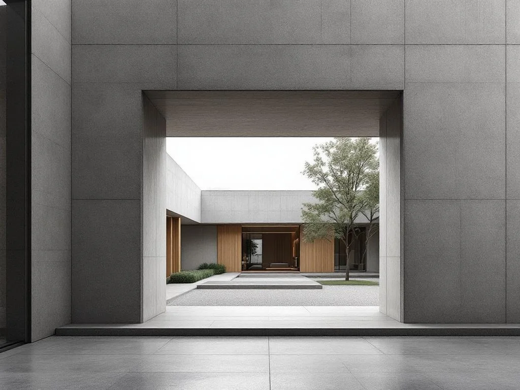 Eye-Level — Concrete Courtyard Threshold, Overcast