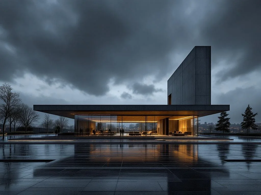 Eye-Level — Horizontal Pavilion + Tower, Stormy Overcast