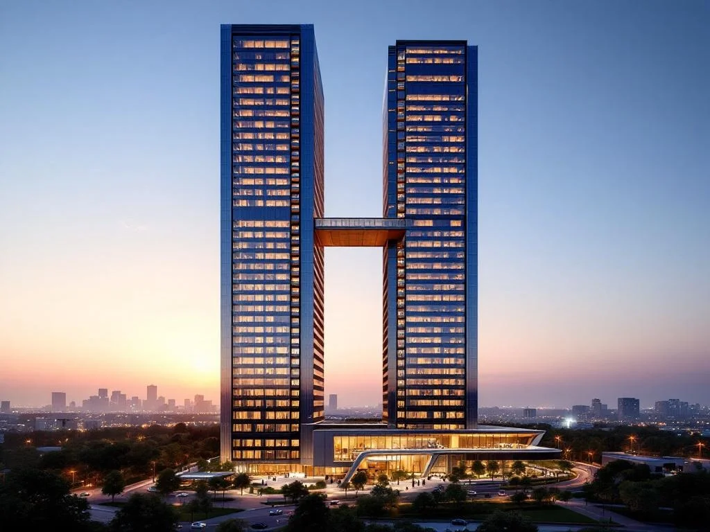 Semi-Aerial — Twin-Tower Skybridge HQ, Golden-to-Blue