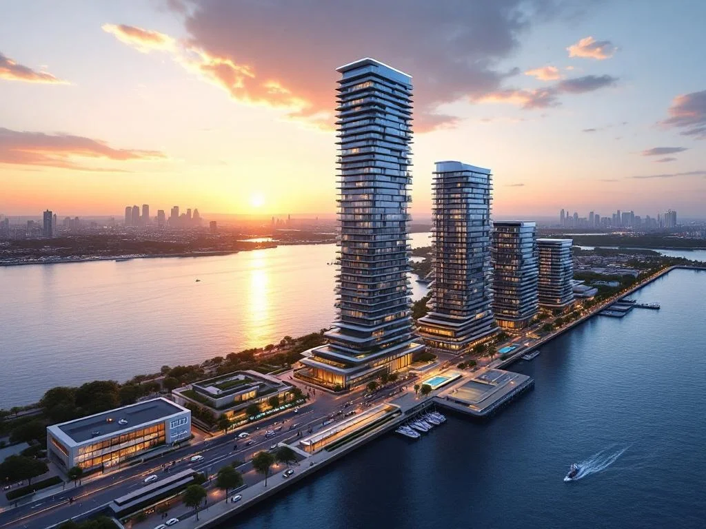 Semi-Aerial — Stepped Waterfront Towers, Sunset