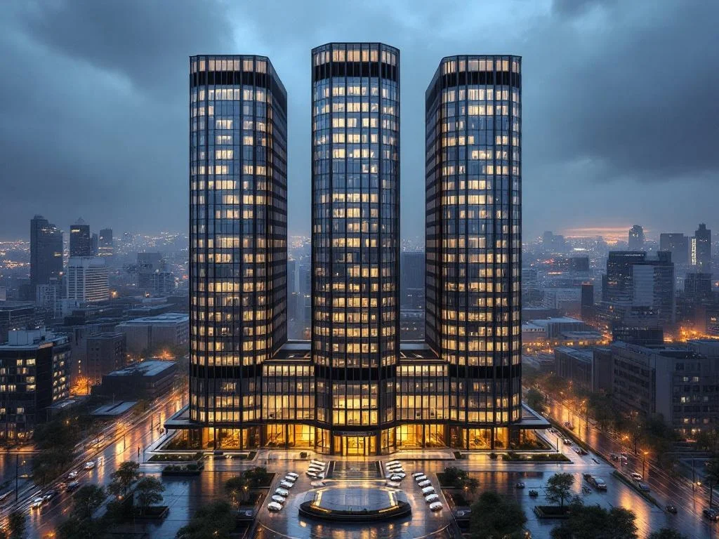 Semi-Aerial — Triple-Tower Office, Rainy Dusk