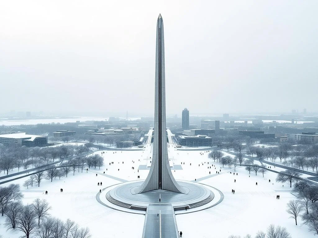 Semi-Aerial — Minimalist Spire Monument, Snow