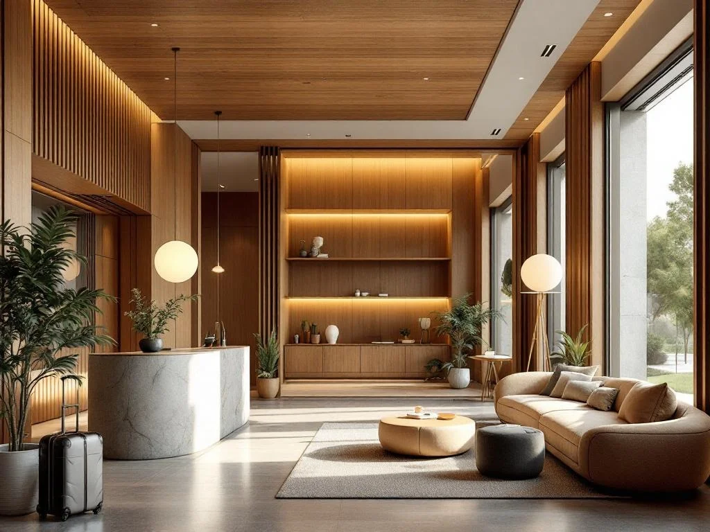 Hotel Lobby — Boutique Modern, Warm Wood