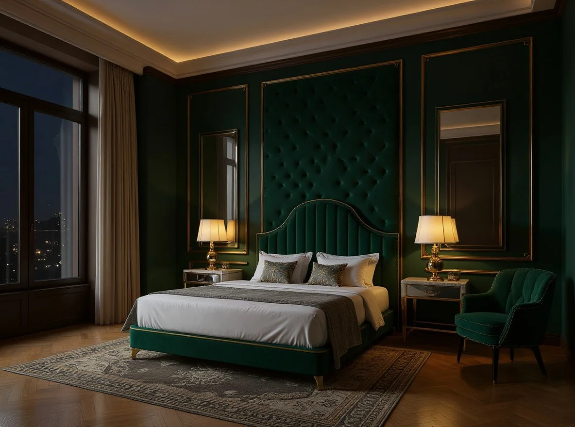 Bedroom — Art Deco, Emerald Velvet & Brass