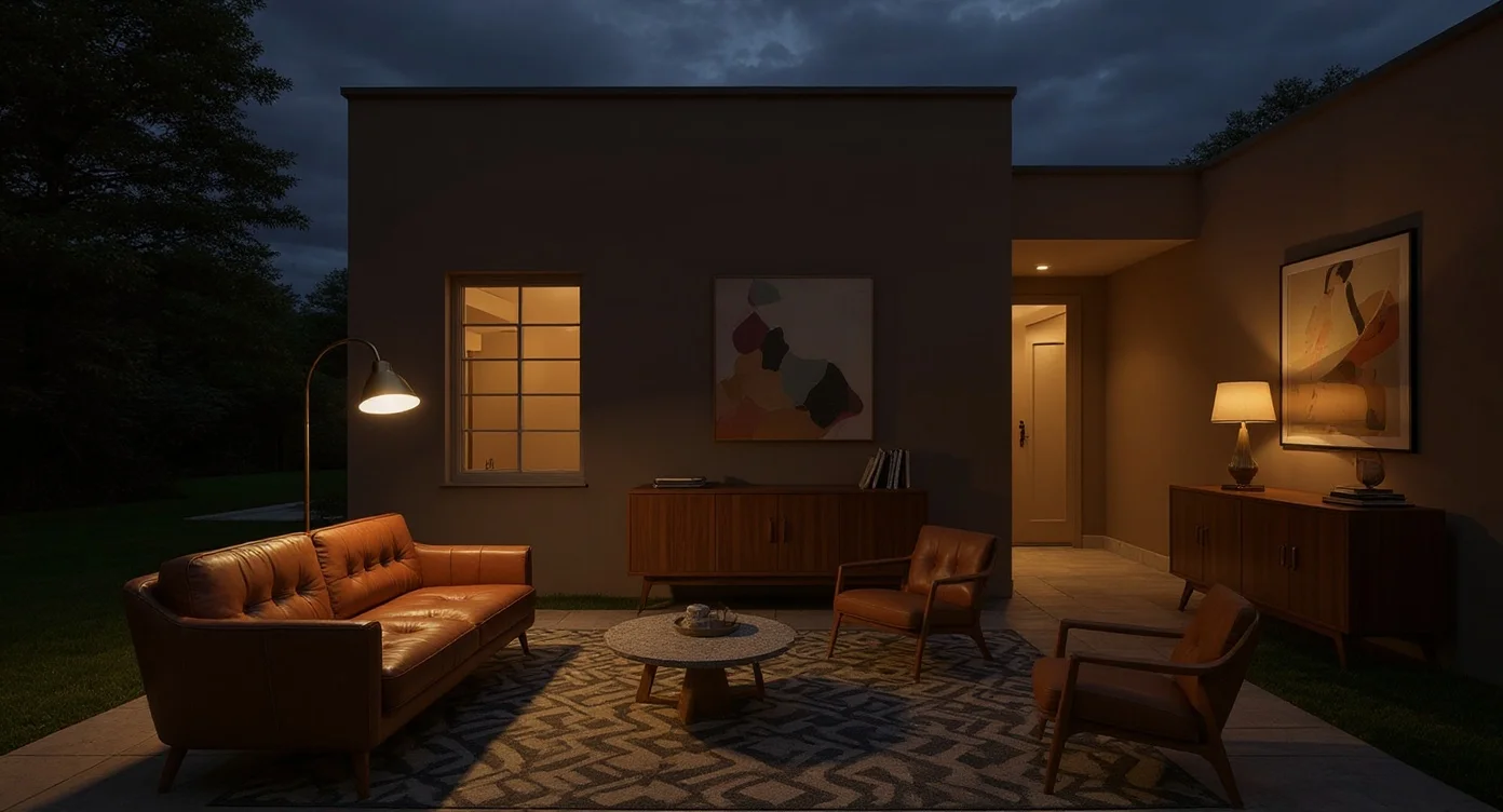 Living Room — Mid-Century Modern, Walnut & Caramel